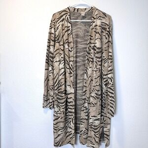 Chico's  Sz 3 XL Cardigan Animal Printed Textured Duster Beige Black Office Fall